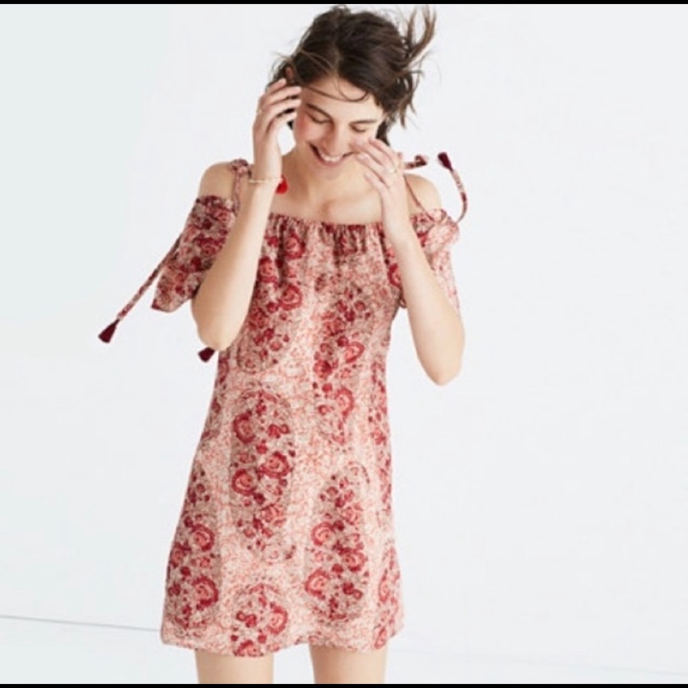 Madewell Red Paisley Silk Cold Shoulder Dress